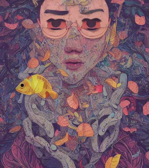 Prompt: portrait, nightmare anomalies, leaves with goldfish by miyazaki, violet and pink and white palette, illustration, kenneth blom, mental alchemy, james jean, pablo amaringo, naudline pierre, contemporary art, hyper detailed