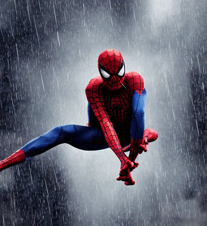 Image similar to cinematic of tobey maguire as spiderman, dramatic rain, 8 k