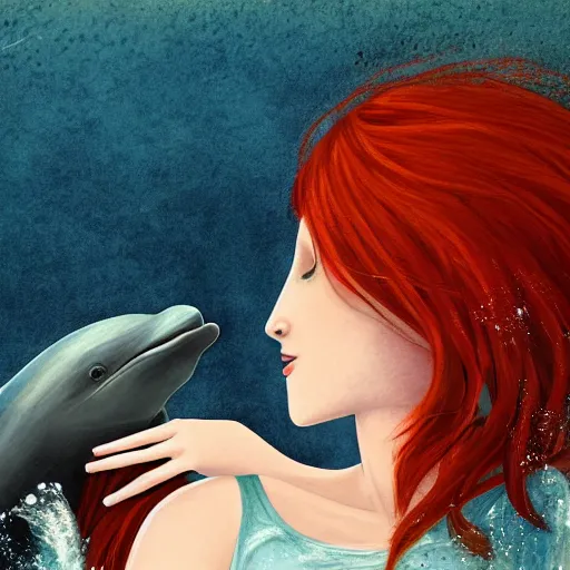 Prompt: a portrait of a red headed young woman hugging a dolphin in a scenic environment, by Kawacy