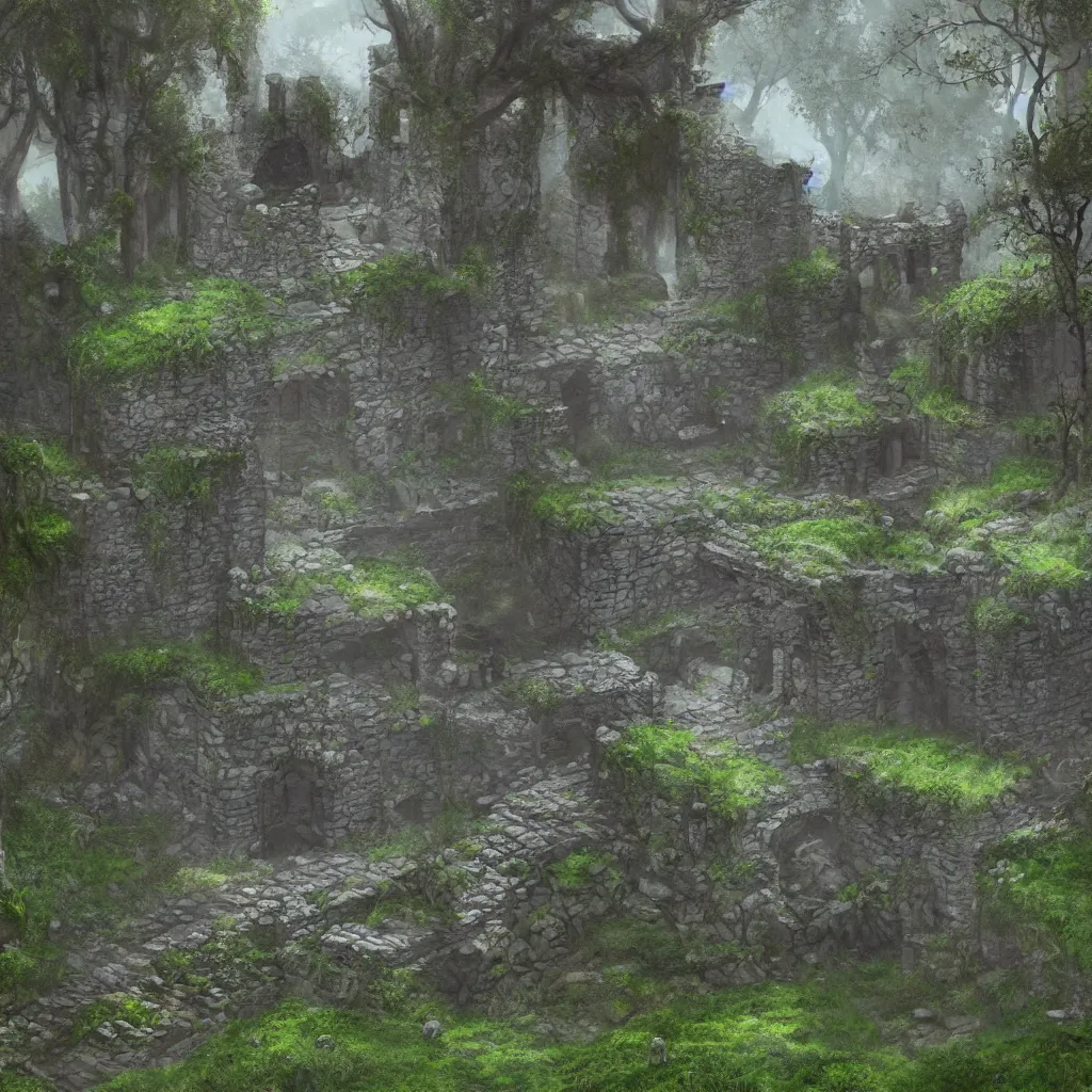 Image similar to an ancient dungeon with stone walls, stagnant water, mossy overgrowth, soft ambient lighting, trending on artstation, fantasy ruins
