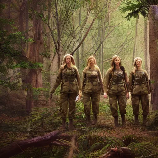 Prompt: group of female soldiers, searching through iridescent woods, makeshift camp, aerial photography, eerie, beautiful, stunning, intricate detail, cinematic, unreal engine, concept art, photorealism