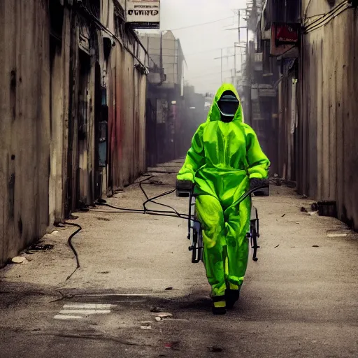 Prompt: a photo of a female wearing a hazmat suit, riding a bike, side-view, smoke in the background, filthy streets, broken cars. Vines growing. Jpeg artifacts. Full-color photo. Color color color color color. Award-winning photo. Samyang/Rokinon Xeen 50mm T1.5