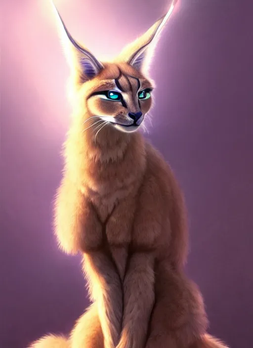 Prompt: cute fluffy caracal sitting politely, facing the camera, anime art style, wearing futuristic, led - lit armor, and a cannon mounted on his back, portrait, high detail, sharp focus, digital painting, artstation, concept art, art by hayao miyazaki and artgerm and greg rutkowski and alphonse mucha.