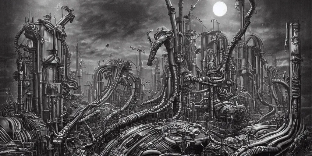 Prompt: a neverending non - euclidean factory in a bleak martian landscape, dieselpunk by hr giger