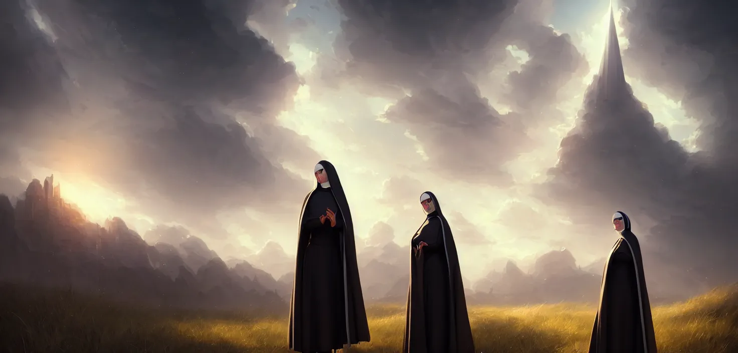 Prompt: futuristic nun woman portrait, cinematic view, epic sky, detailed, concept art, low angle, high detail, warm lighting, volumetric, godrays, vivid, beautiful, trending on artstation, by jordan grimmer, huge scene, grass, art greg rutkowski