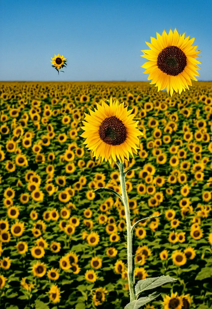 Image similar to A communist Propaganda Poster of a single sunflower in a vast dry field.