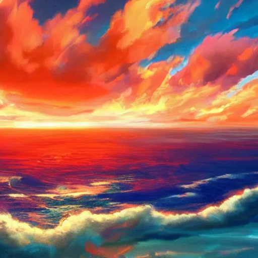 Prompt: An ocean!!!!! stretching as far as the eye can see, with overhead cloudy!!!!! skies, photorealistic imagery, fiery atmosphere, bright!!!!! and smoky art style, trending on artstation, 4k, 8k