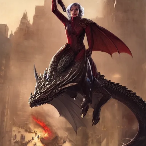 Image similar to Daenarys Targareyn on a dragon in times square, intricate, highly detailed, smooth, artstation, digital illustration by Ruan Jia and Mandy Jurgens and Artgerm and Wayne Barlowe and Greg Rutkowski