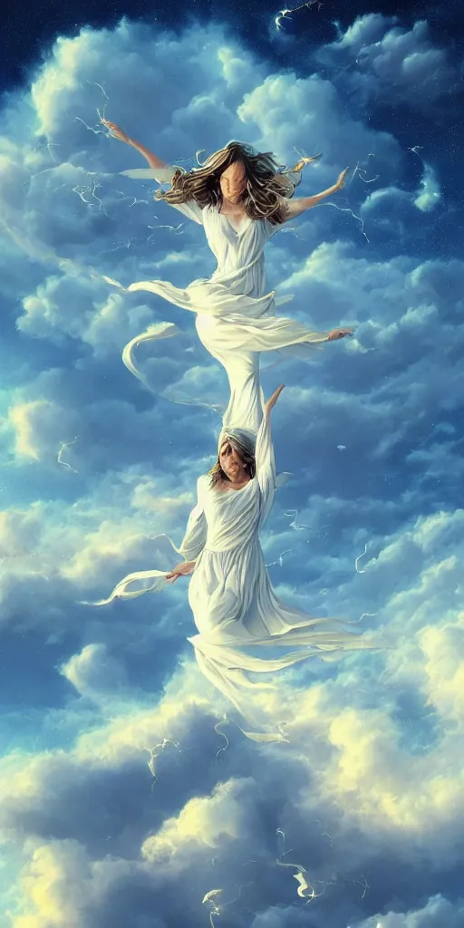 Image similar to symmetry!! she is falling from heaven, heavenly landscape, swirling clouds, serene, peace, very detailed, perfect composition, perfect lighting, 4 k, tim white, artgerm