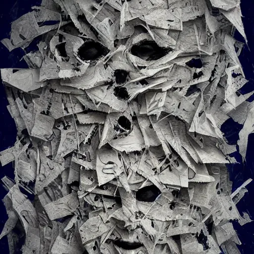 Image similar to multiple faces shredded like paper masks, horror, surreal, drawing, painting, oil painting