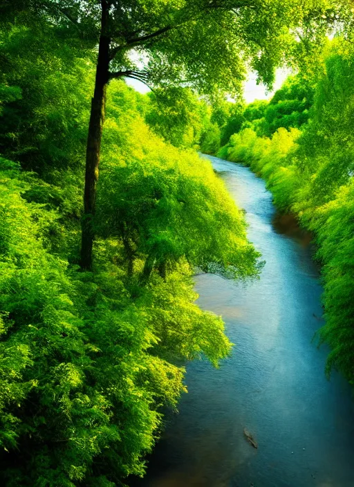 Prompt: beautiful summer season photography trees and river award winning cinematography
