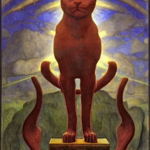 Image similar to polychrome cat sculpture from a lost civilization, by annie swynnerton and diego rivera and nicholas roerich and jean delville and charlie bowater, symbolist, dramatic lighting, god rays, art brut, rich colors, smooth sharp focus, extremely detailed, adolf wolfli and ( donato giancola and bilibin )