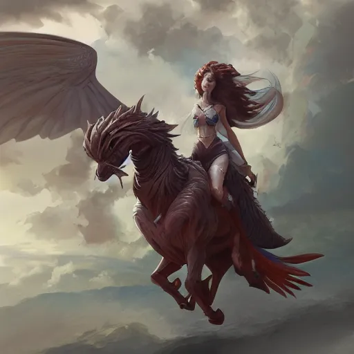 Image similar to Art station concept of a beautiful girl riding a gryphon, symmetrical face, smooth body features, by Stanley Artgerm Lau, WLOP, Rossdraws, James Jean, Andrei Riabovitchev, Marc Simonetti, and Sakimichan, trending on artstation