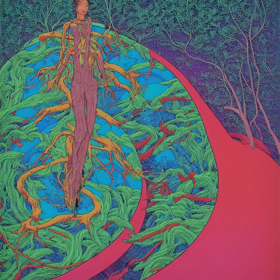Image similar to ( ( ( ( ( forest on a mysterious planet ) ) ) ) ) by mœbius!!!!!!!!!!!!!!!!!!!!!!!!!!!, overdetailed art, colorful, record jacket