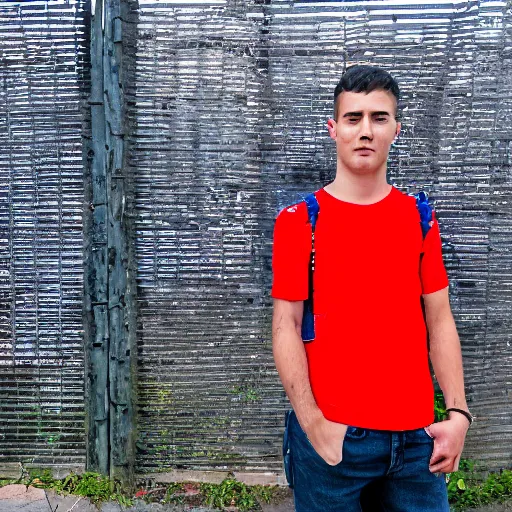 Image similar to Young man standing looking to the right in a red bandana, blue striped shirt, gray vest and a gun with a partly cloudy sky in the background. The young man is standing in front of an iron fence. Photograph. Real life