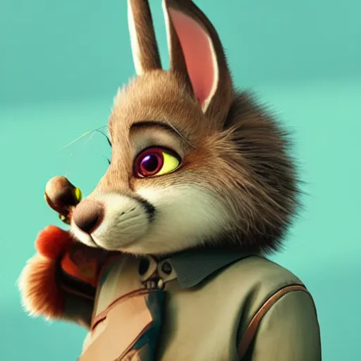 Image similar to portrait of a incredibly cute bunny killer rabbit, zootopia, cgi, blade runner, cyberpunk background, trending on artstation