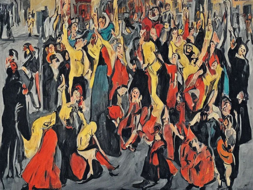 Image similar to woman movement, lisbon city at night, art in the style of paula rego