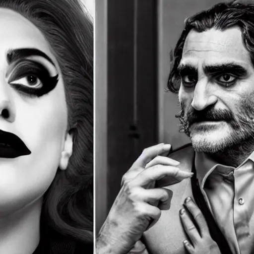 Image similar to detailed 4 k photorealistic lady gaga and joaquin phoenix talk each other, some detailed footage in next joker movie in the style of nick ut and eddie adams and margaret bourke and yousuf karshs and alfred eisenstaedt