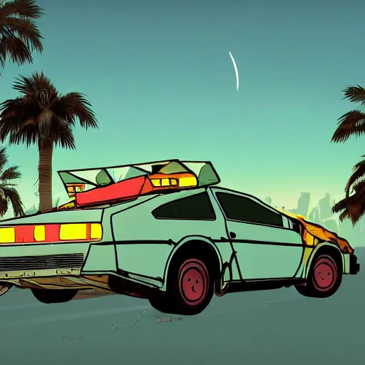 Image similar to wasteland hotline miami desert apocalypse car on fire oil leaking black liquid wasteland war destroyed wide shot landscape nuke fire craters end of the world miami beach sunset palm trees 80s delorean unreal engine style