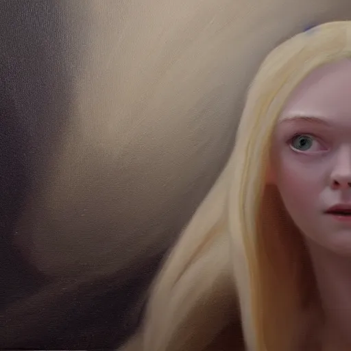 Image similar to oil Painting of Elle Fanning in Dark Souls opening an orange Oblivion portal, long blonde hair, delicate, pale milky white porcelain skin. 8K. Extremely detailed.