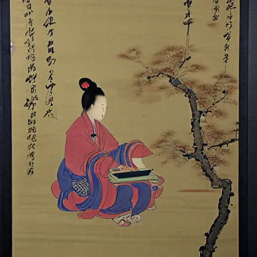 Prompt: the Chinese ancient painting of a lady playing laptop in Tang Dynasty , by Han Xizai