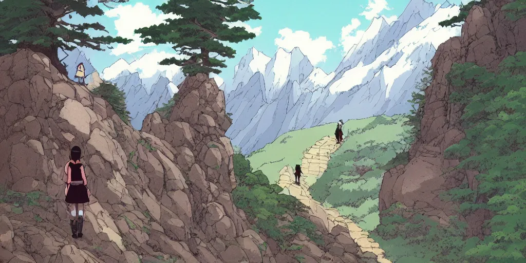 Image similar to woman with dark hair hiking up a fantastic mountain by studio ghibli