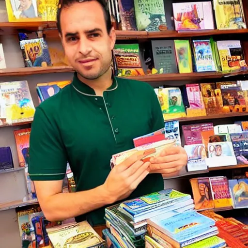 Image similar to Italian/Irish guy in kurta as a cashier in the bookstore at a Hindu ashram