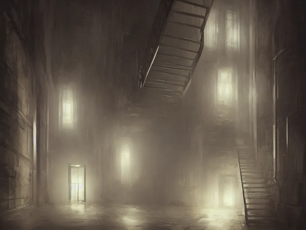 Prompt: a gloomy long staircase at the end in the depth is a door with illuminated sign, digital painting, concept art, smooth, sharp focus, hyperrealistic, illustration, artstation trending, octane render,