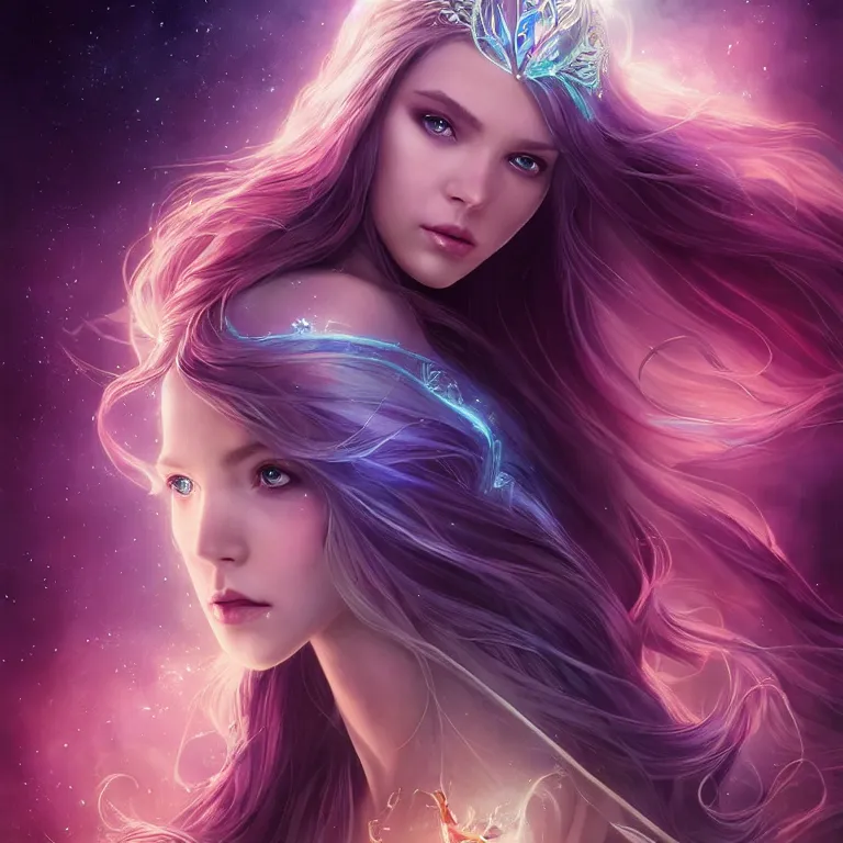 Image similar to beautiful cinematic fantasy poster, a beautiful princess like a disney princess hybrid with flowing illuminated hair, beautiful glowing galaxy eyes, wideshot ultrawide angle epic scale, hybrid from The Elden Ring and art direction by Darius Zawadzki ;by artgerm; wayne reynolds art station; cinematic quality character render; low angle; ultra high quality model; production quality cinema model;