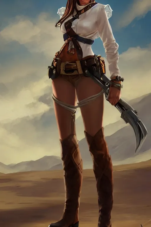 Image similar to full body, female cowgirl, perfect face, white blouse, long rifle, 8 k, magic the gathering, desert, d & d, artstation