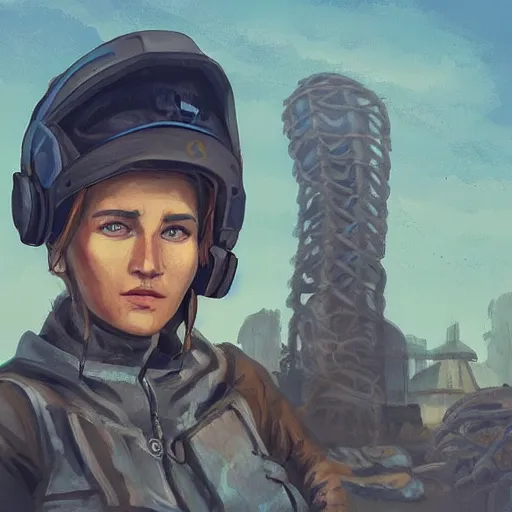 Prompt: “a mid distance portrait of woman wearing a survival outfit, lots of gear. Junkyard in the background. Science fiction. Intricate digital painting. Character portrait. Character design. Concept art. Symmetrical face. Detailed realistic face.”