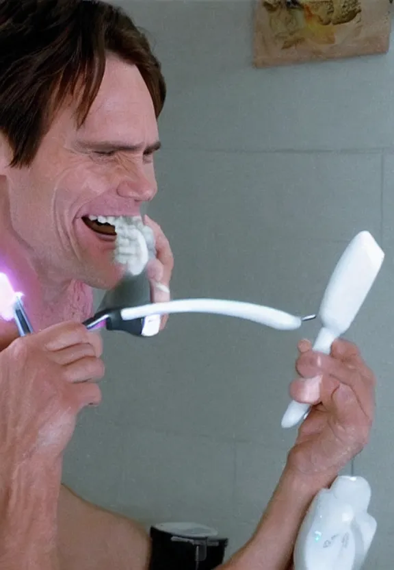 Prompt: jim carrey brushing his teeth with an electric toothbrush suds cinematic bright light heaven