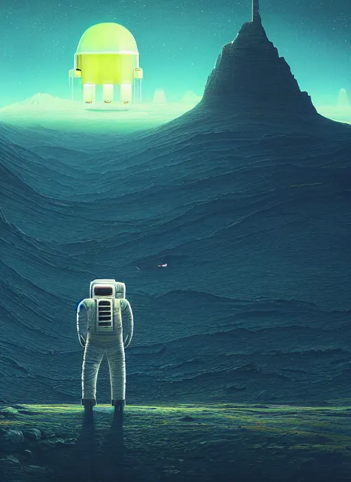 Image similar to a lonely astronaut overlooking at an amazing alien landscape and the universe, digital art, breathtaking, golden ratio, extremely detailed, establishing shot, hyperrealistic, cinematic lighting, particles, unreal engine, simon stålenhag, rendered by Beeple, Makoto Shinkai, syd meade, simon stålenhag, Ruan Jia, Kentaro Miura, environment concept, artstation, octane render, 4K UHD image