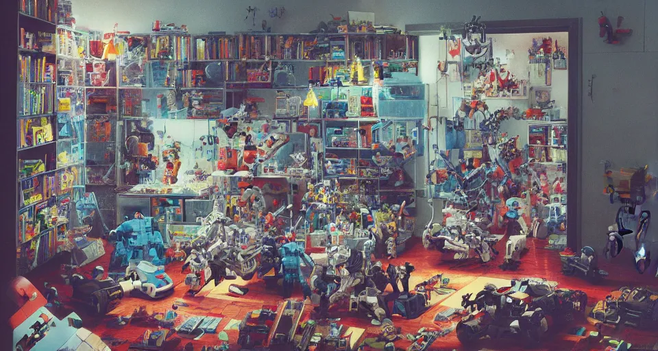 Prompt: IKEA catalogue photo, cyberpunk childrens bedroom, toys, lego, robots, drawings by Beksiński