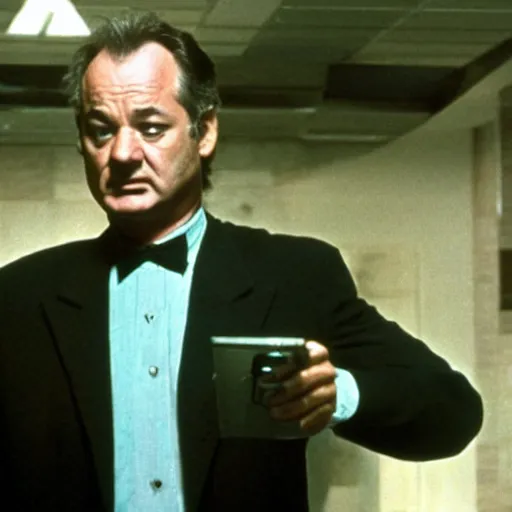 Prompt: bill murray is mr smith in matrix