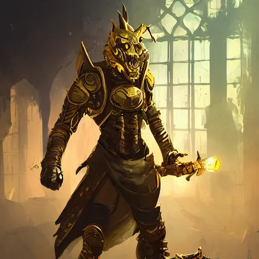 Prompt: gold dragonborn artificer, by Ismail Inceoglu, golden, mechnical, tinkering, character art, dungeons and dragons, digital art