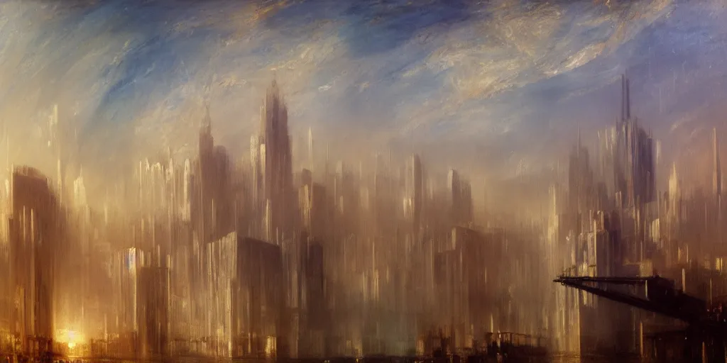 Prompt: Distant future city marketplace, oil painting by J.M.W. Turner, hyperrealistic