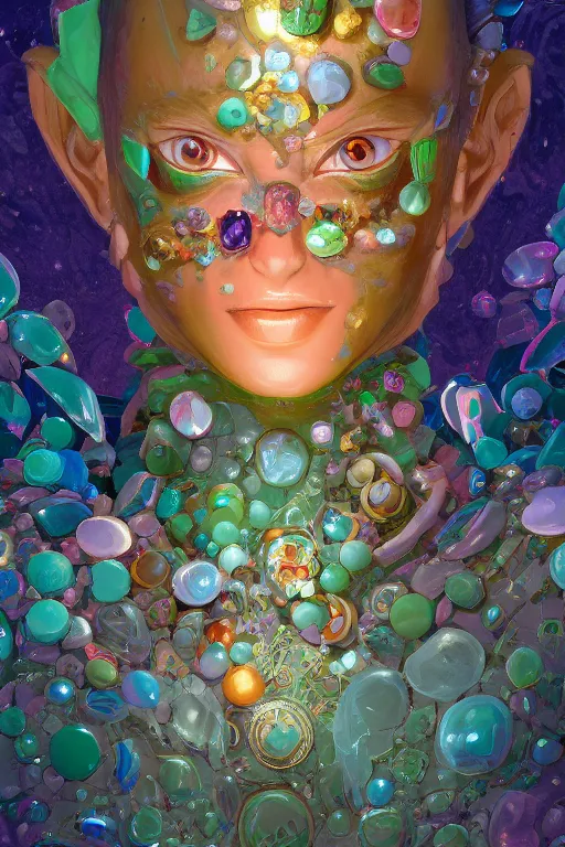 Image similar to maximalist detailed gemstone golem portrait by adoryanti, holosomnia, electrixbunny, rendered in discodiffusion. ornated and decorated with pearls and gems, behance hd by jesper ejsing, by rhads, makoto shinkai and lois van baarle, ilya kuvshinov, ray tracing hdr radiating a glowing aura