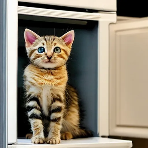 Image similar to a tabby kitten on top of a fridge in the kitchen