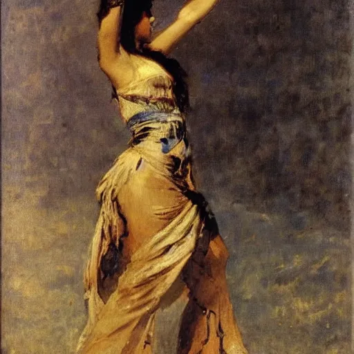 Prompt: action heroine, raised fists by alfred stevens