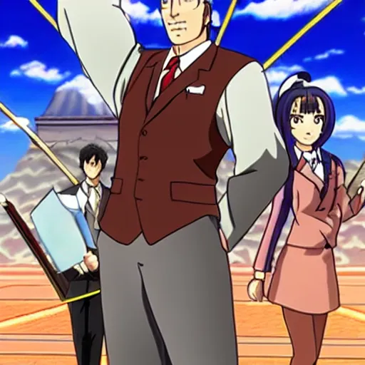 Prompt: A screenshot of Saul Goodman from ace Attorney, anime series