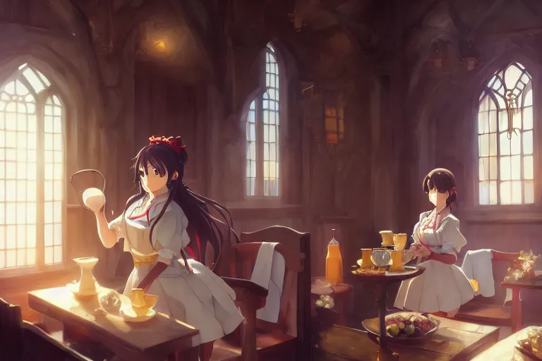 Image similar to anime key visual concept art of anime maid pouring tea gracefully, medieval european style noble manor interior, trending on artstation, brush strokes, oil on canvas, style of kawacy and makoto shinkai and greg rutkowski and studio ghibli