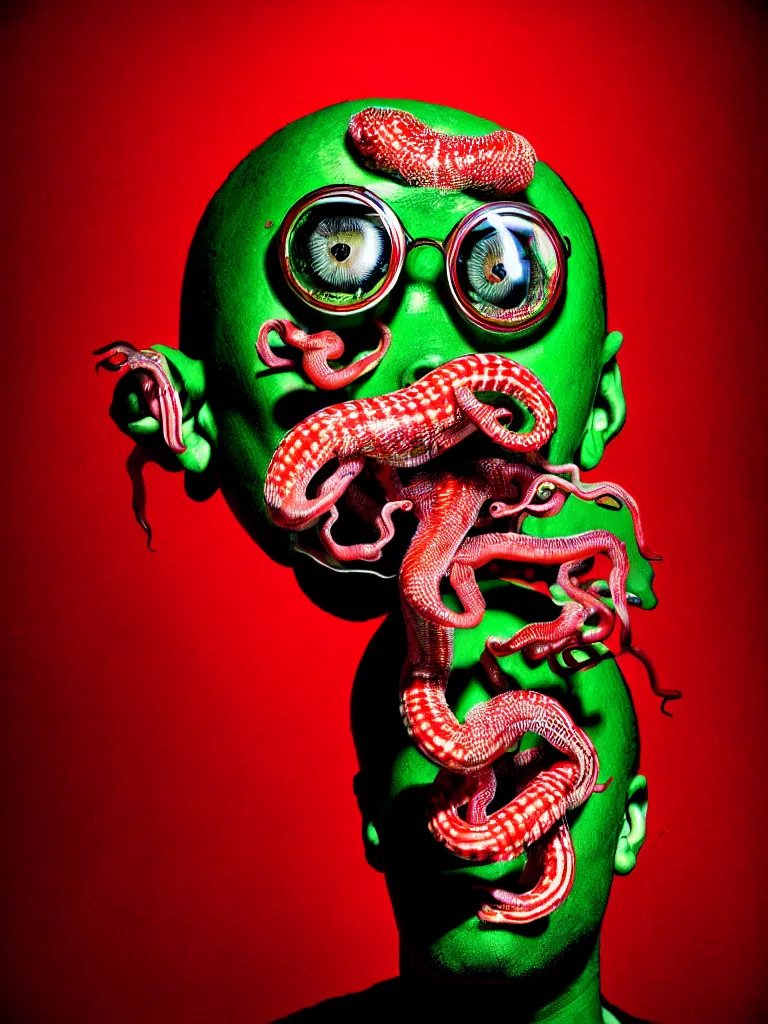 Image similar to a self portrait photograph by the artist kelbv, in distinct hyper detailed style with tubes coming from eyes, and hollowed out head filled with red and green gingham ellipsoids, perfect studio lighting against a backdrop of a still from the movie squid asthma.