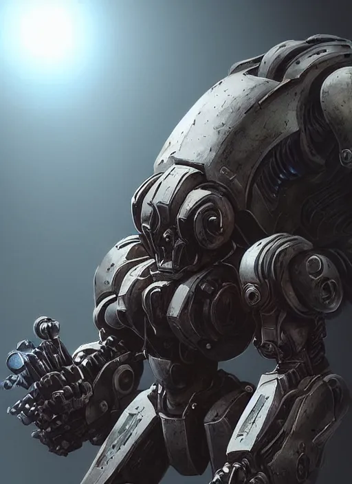 Image similar to “ character concept, strogg, face of a man, body of an armored robot, quake 3, doom, wolfenstein, shiny, metal, unreal engine 5, mecha suit, anime, paul richards, jon lane ”