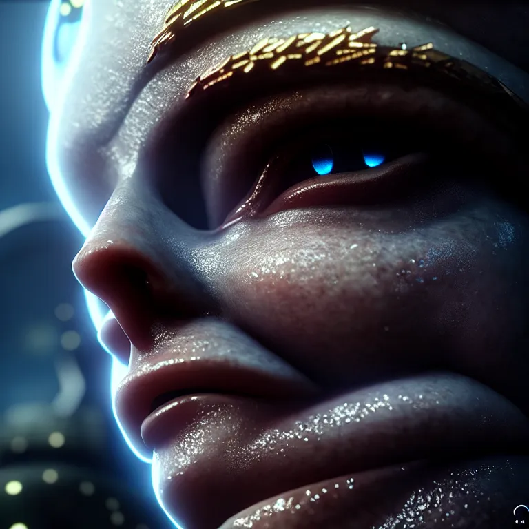 Image similar to ultra realistic beautiful cyborg deity eyes closed, fantasy, intricate details, movie still, highly detailed, photorealistic, octane render, eerie, 8k, art by james clyne and michael welan