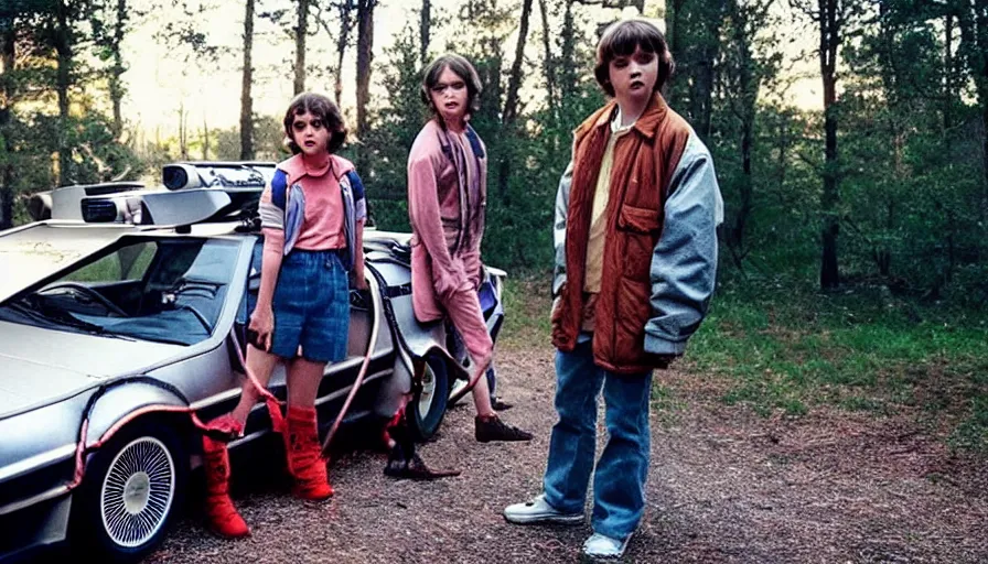 Image similar to eleven from stranger things standing next to the delorean from (back to the future), real life, fire trails behind tires, photoshoot, hyper realistic