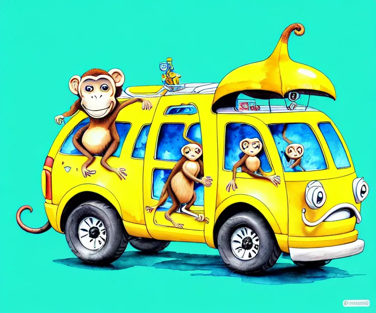 Image similar to cute and funny, monkey riding in a tiny banana boat bus, ratfink style by ed roth, centered award winning watercolor pen illustration, isometric illustration by chihiro iwasaki, edited by craola, tiny details by artgerm and watercolor girl, symmetrically isometrically centered