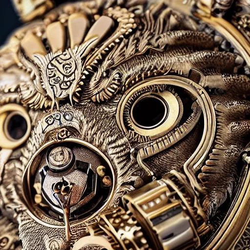 Prompt: A steampunk roaring tiger head made from ornate engraved full plate armor and watch gears and jewels and gems, macro shot by Justin Gerard, unreal engine, detailed, intricate, physically based rendering