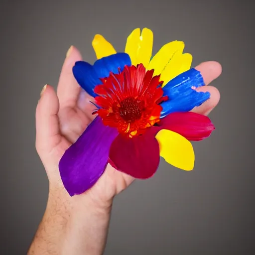 Prompt: A hand with too many fingers holding a plastic flower, award-winning photo, DSLR color