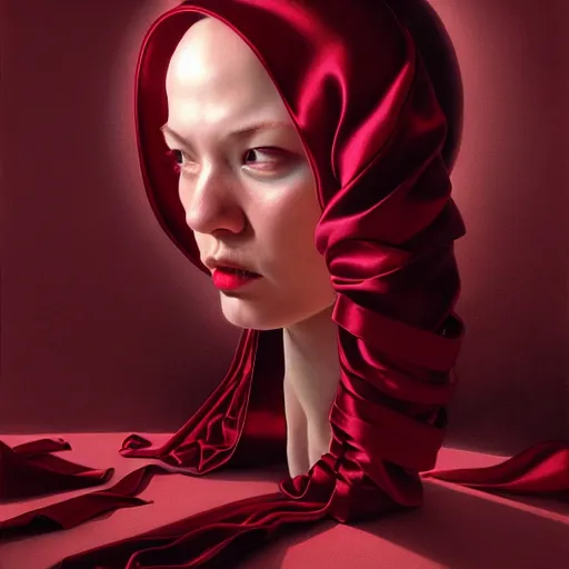 Image similar to chaotic burgundy satin ribbons instead of skin build image of face, one point perspective, moebius, bao pham, donato giancola, larry elmore, dali masterpiece, trending on artstation, featured on pixiv, cinematic composition, beautiful lighting, sharp, details, hyper - detailed, hdr, 4 k, 8 k